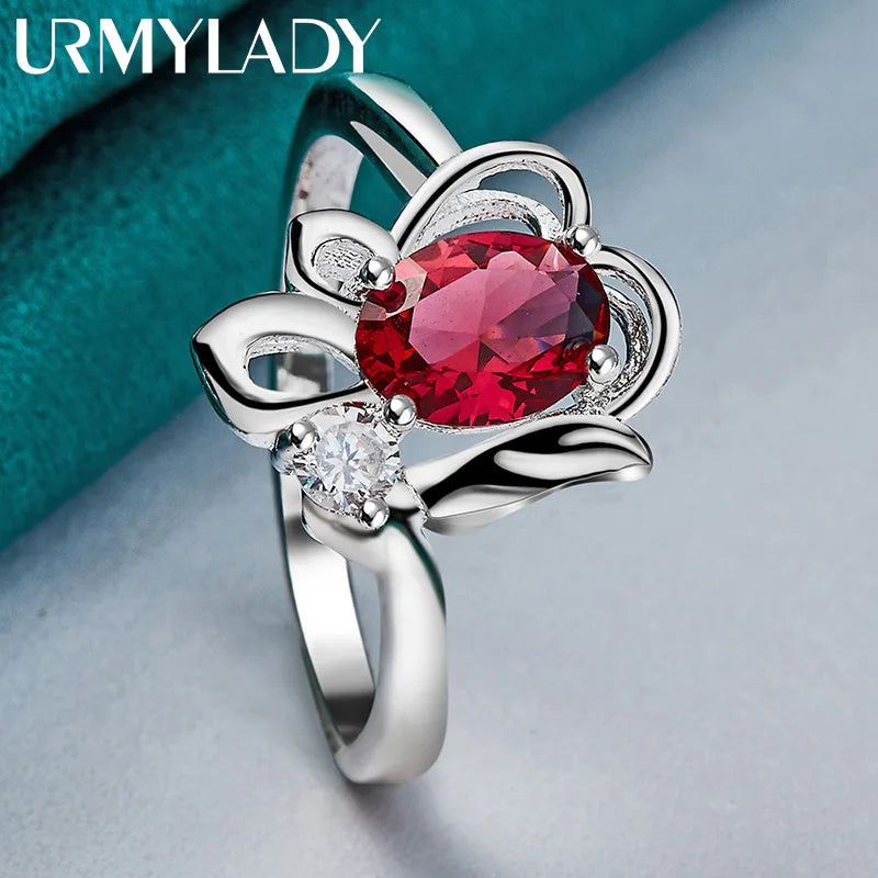 URMYLADY 925 Sterling Silver Flower Ruby 7-10# Ring For Women Wedding Engagement Fashion Charm Jewelry