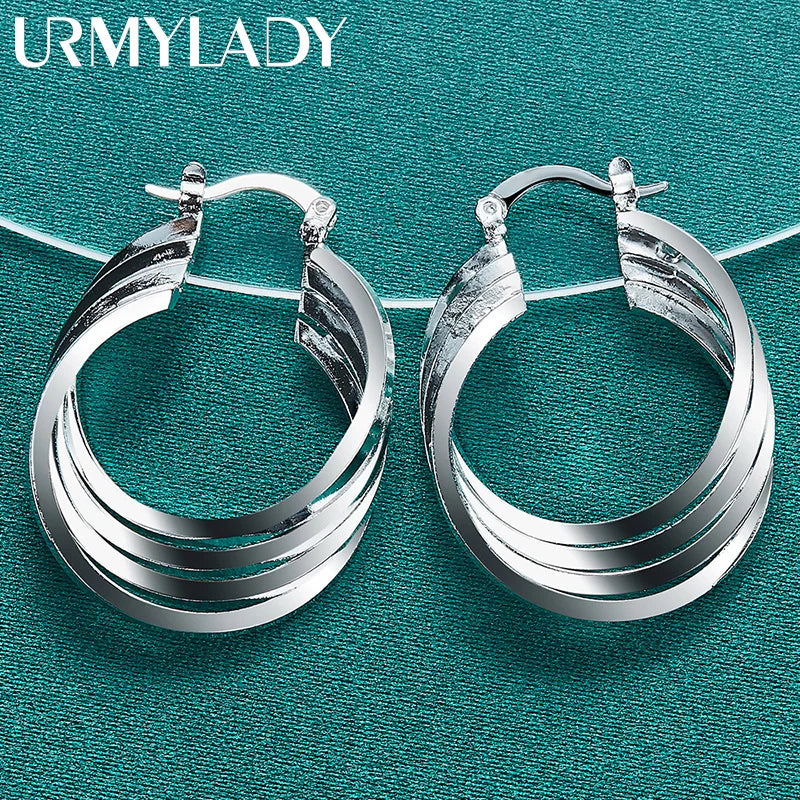 URMYLADY 925 Sterling Silver 25mm Multiple Rings Earrings Ear Loops for Women Charm Wedding Engagement Fashion Party Jewelry