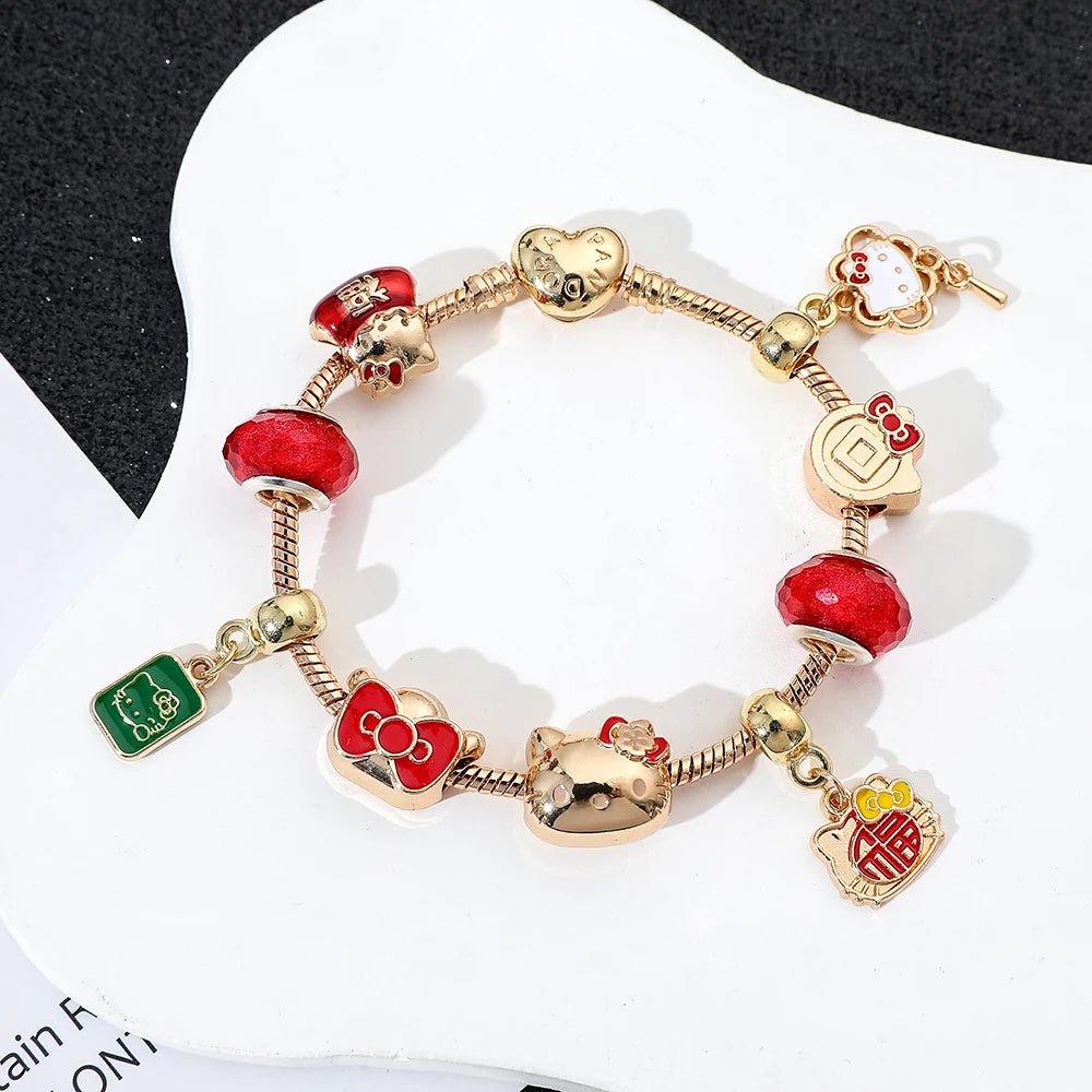 Sanrio Hello Kitty Cute Bow Etc Pendant Bracelet Anime Cartoon Characters KT Cat Kawaii Pendant Bracelet for Women Girl Gifts