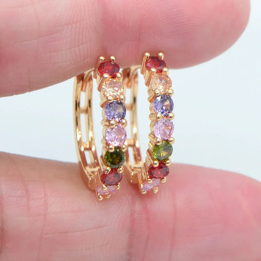 Women Gold Color Classic Rainbow Cubic Zirconia CZ Round Huggie Hoop Earrings Jewelry