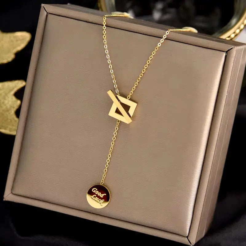 Fashion Luxury 316L Titanium Steel Heart Love Flower Square Necklace  Pendant Neck Chain Girl Jewelry