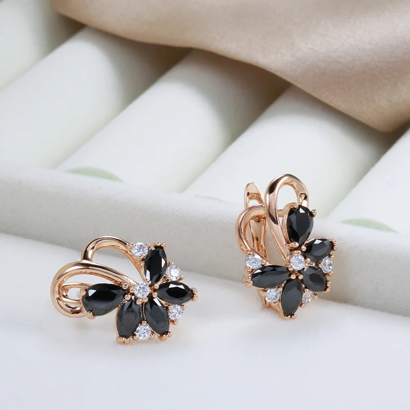 Luxury Geometric Flower Black Zircon Dangle Earrings For Women Natural Zircon Statement Jewelry Women's Sexy Gothic Earrings