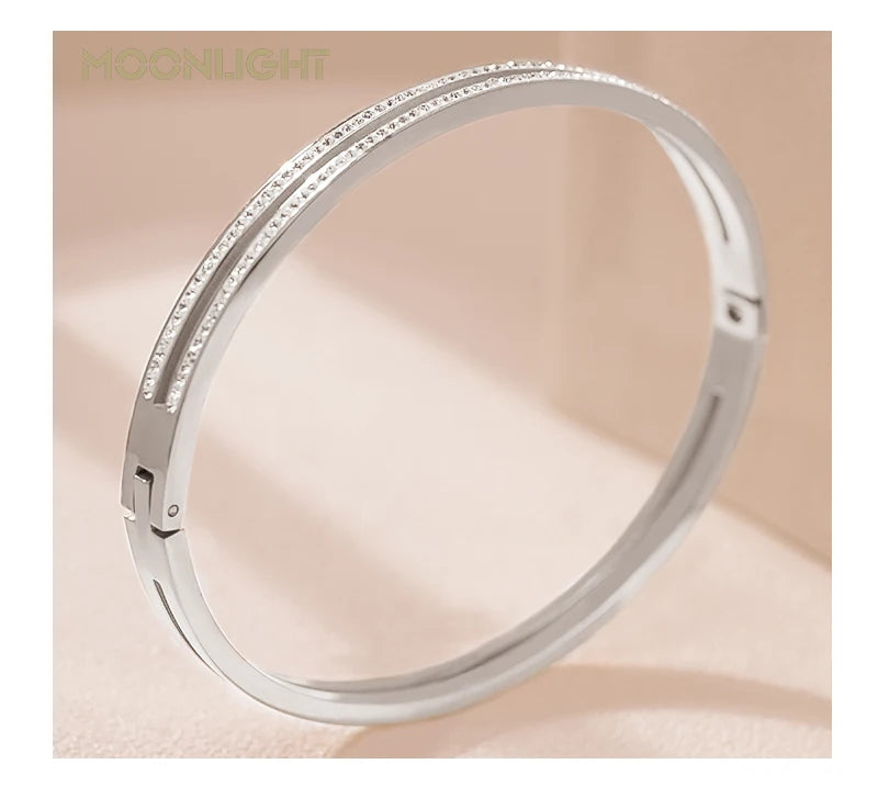 MOONLIGHT Fashion Cubic Zirconia Cuff Bangles for Women Trendy Titanium Steel Circular Classic Bracelet Female Jewelry Gift