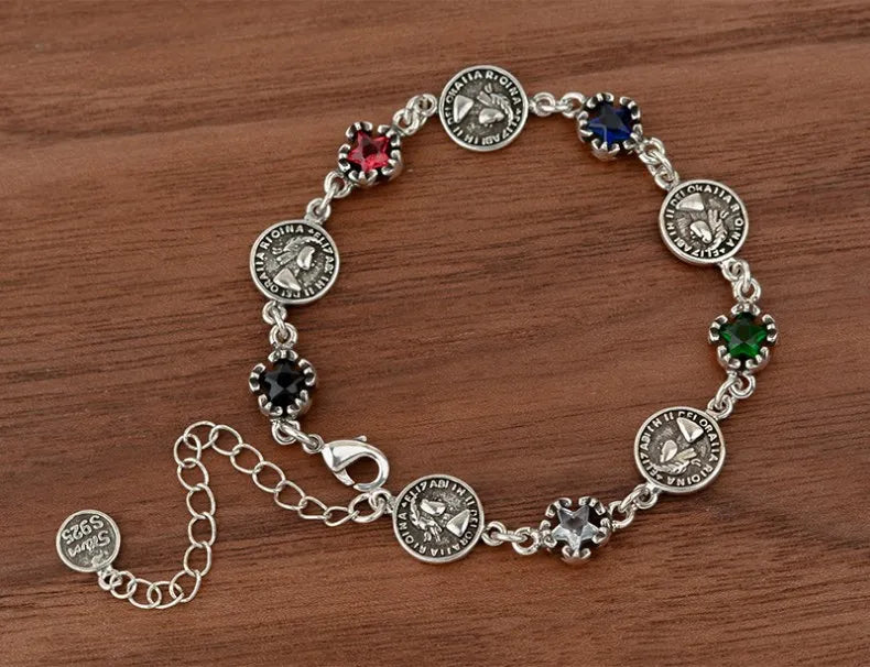 New Arrival Vintage Queen Portrait Coin Shiny Crystal 925 Sterling Silver Female Charm Bracelet Jewelry For Women Gifts No Fade