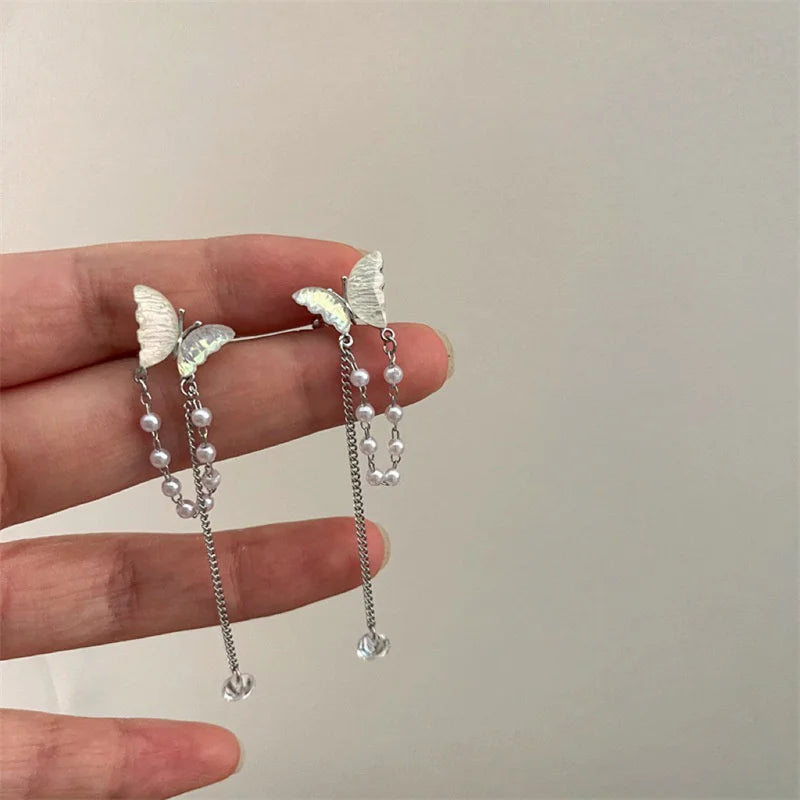 Y2K Fairy Zircon Shell Butterfly Tassel Ear Clips Angel Ear Bone Clip Earring Elf Female Pearl Dangle Earrings Fashion Jewelry