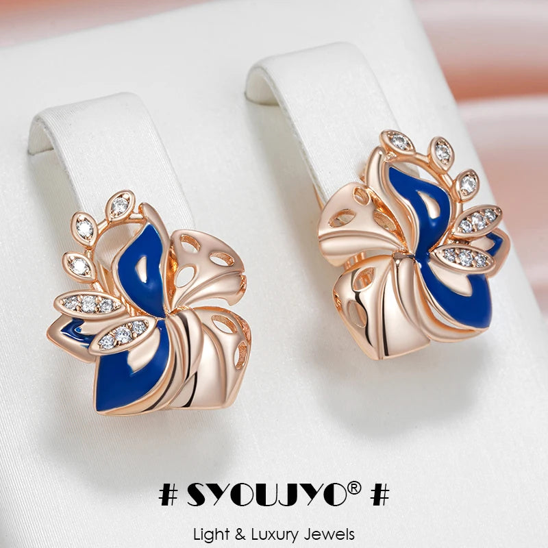 SYOUJYO Leaf Shape 585 Rose Gold Color Earrings For Women Glossy Natural Zircon Luxury Jewelry Party Gift