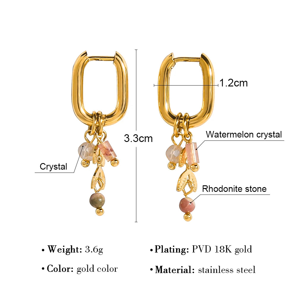 YACHAN New In 18K Gold Plated Stainless Steel Hoop Earrings for Women Cute Pink Crystal Natural Stone Charms Trendy Jewelry