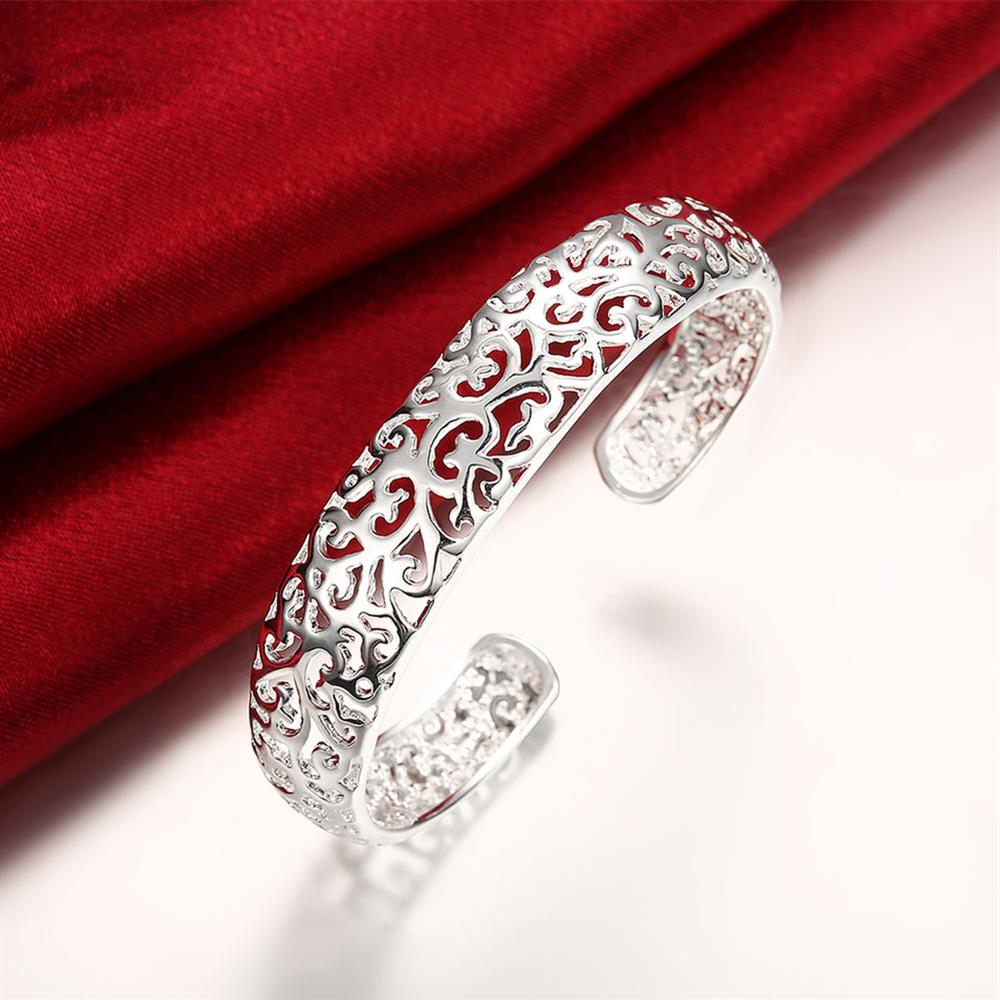 Fine Silver Color Hollow Pattern Bangles Bracelets for Women Adjustable Fashion Luxury Jewelry Wedding Party Lady Gift