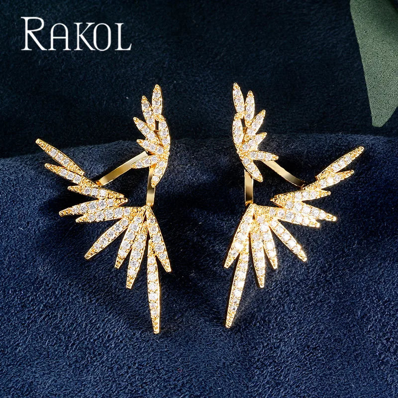 RAKOL Luxury Zircon Crystal Leaf Drop Earrings for Women Fashion Bridal Wedding Jewelry Dress Accessories RE02541