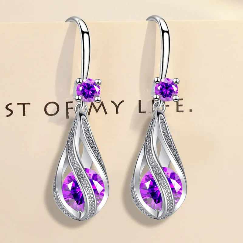 Fine 925 Sterling Silver Shining Purple Crystal Earrings for Women Luxury Fashion Jewelry Party Wedding Christmas Gifts