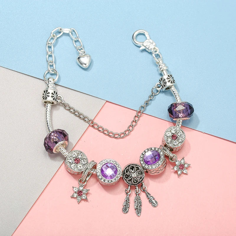 TOGORY Crystal Purple Star Charm Bracelet With Lobster Clasp Adjustable Size Chain Bracelets For Women Jewelry Gift Wholesale