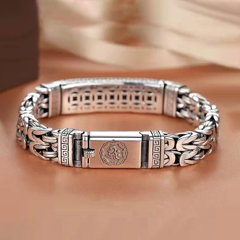 Style Retro 925 Silver Bracelet Woven Snap Double Rows Row Square Chain Six-Character Mantra Bracelet Men Party Jewelry Gift