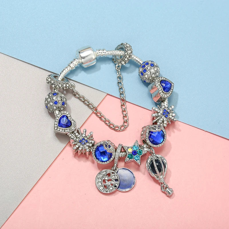 Online Hot Selling Charm Bracelets For Women With Blue Crystal Beads Star Hot-Air-Balloon Pendant DIY Bracelets Fashion Jewelry