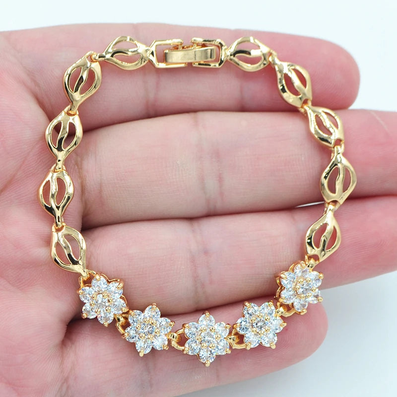 Fashion Gold Color Black Cubic Zirconia CZ Flower Charm Bracelet for Women