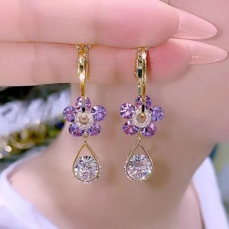 Korean Light Luxury Crystal Flower Earrings for Women Pink Sweet Cherry Blossom Zircon Earrings Girls Party Jewelry Bijoux Gifts