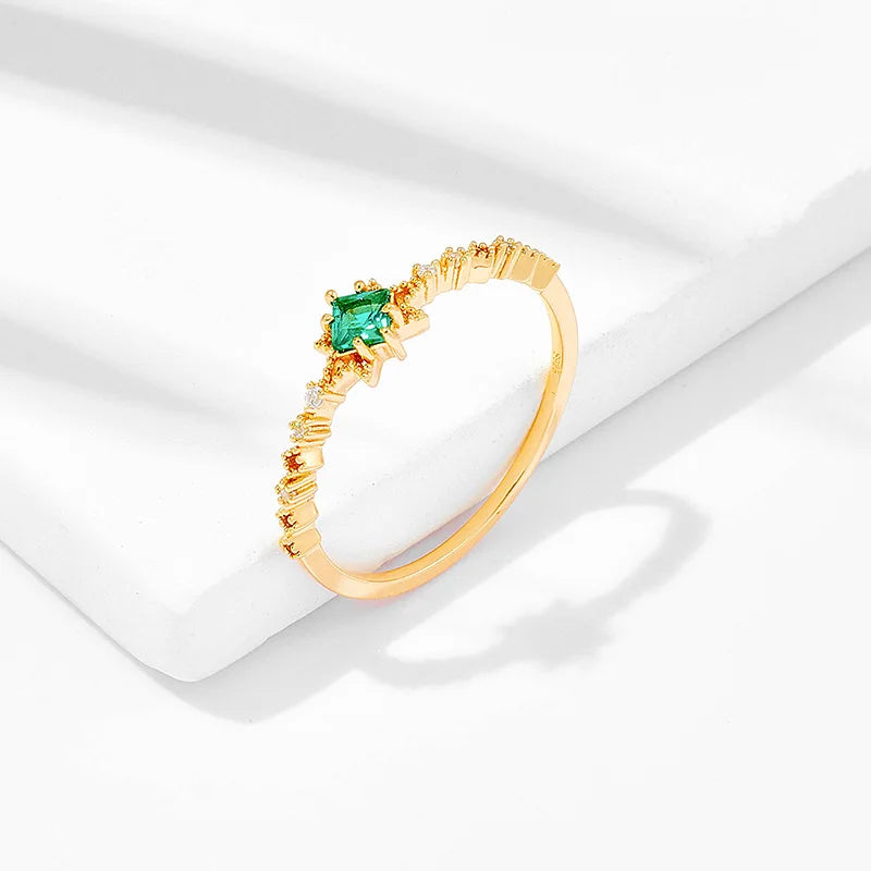 LAMOON Vintage Bojiu Synthetic Emerald Ring For Women Pinky Knuckle Stacking Thin Rings 925 Sterling Silver Gold Vermeil Jewelry