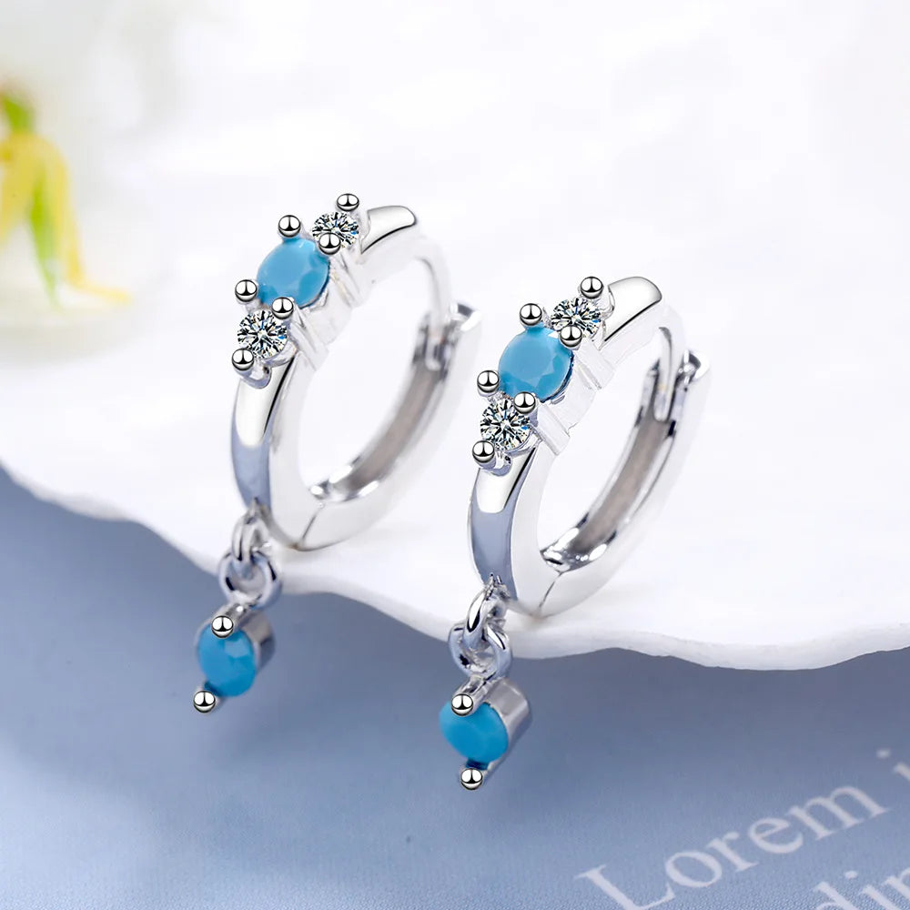 Vintage Natural Turquoise Hoop Earrings Solid Stamp 925 Sterling Silver Luxury Trendy Earring For Women Wedding Jewelry