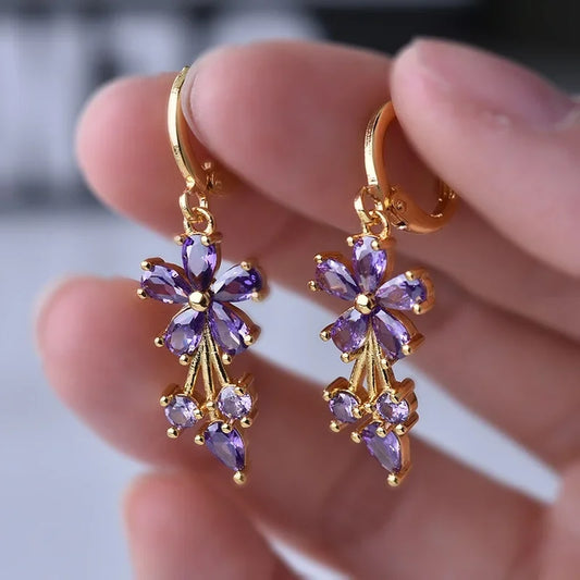 Luxury Gold Color Flower Shape Women Drop Earrings Inlaid Shiny Multicolour Cubic Zirconia Top Quality Fashion Banquet Jewelry