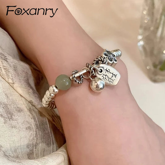 Foxanry Beaded Jade Good Luck Bracelet For Women Couples New Fashion Vintage Elegant Simple Ethnic Birthday Party Jewelry Gifts