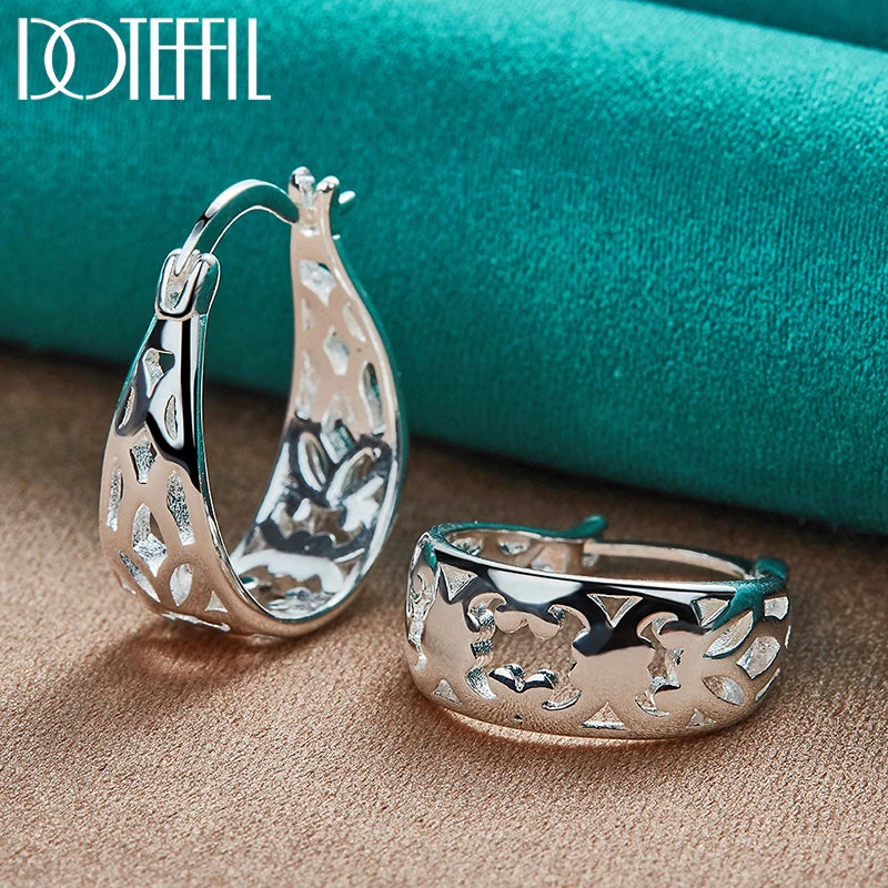 DOTEFFIL 925 Sterling Silver Geometric Hollow Hoop Earring For Woman Charm Engagement Party Wedding Party Jewelry Gift