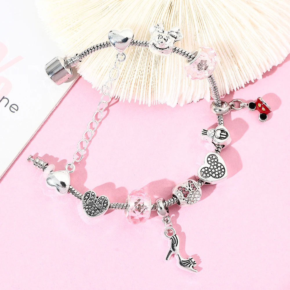 Disney Cute Pink Crystal Mickey Minnie Charm Bracelet Silver Color Heart Bead Bracelets for Women Girl Fashion Jewelry Gift