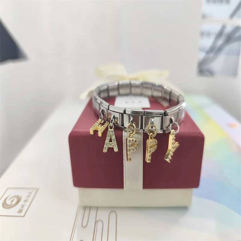 New Hot Selling 9mm Stainless Steel Italian Charm Letter Pendant with Diamond Inlay Bracelet Module Elastic Bangle Wholesale