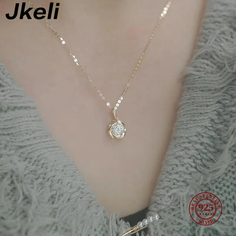 Jkeli 925 Sterling Silver Plated 14k Gold Shiny Zircon Flower Necklace for Women Girl Korean Temperament Exquisite Jewelry Gifts