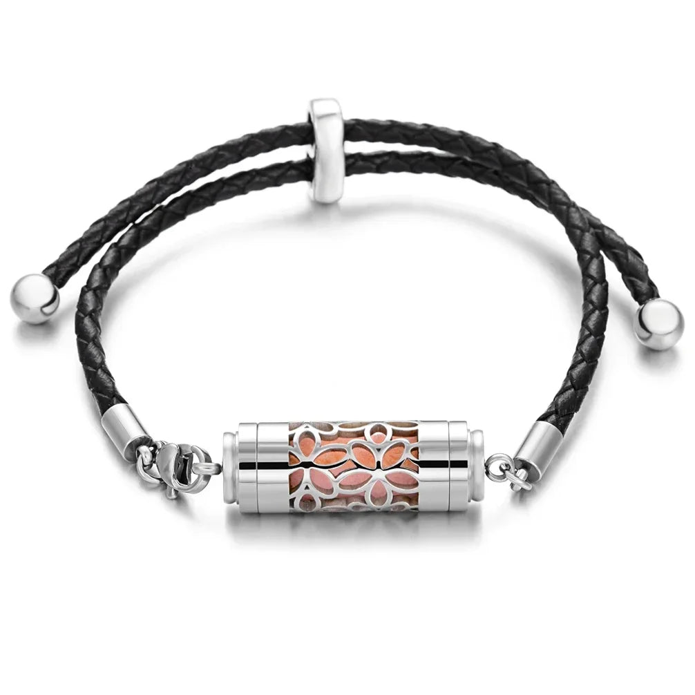 Black Leather Aromatherapy Bracelet Stainless Steel Locket Essential Oil Diffuser Bracelet Leather Charm Bracelets Aroma Jewelry