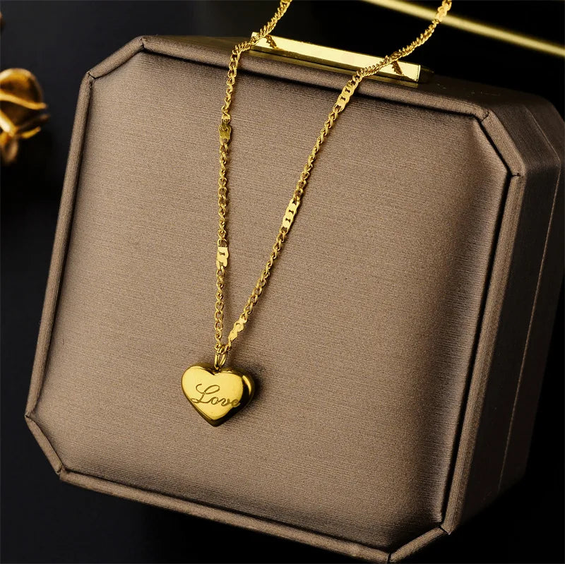 Fashion Luxury 316L Titanium Steel Heart Love Flower Square Necklace  Pendant Neck Chain Girl Jewelry