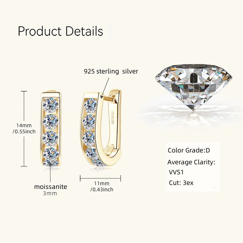 IOGOU Moissanite U-shaped Hoops Earrings 3mm D VVS1 Women's Diamond Geometric Earrings Engagement Accessories Silver 925 Jewelry