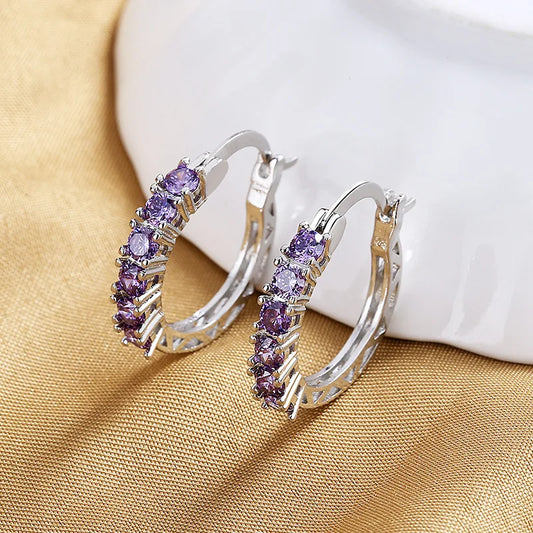 Charm Purple Zircon Tiny Round Stone Hoop Earrings For Women Silver Color Vintage Wedding Small Ear Buckle Engagement Jewelry CZ