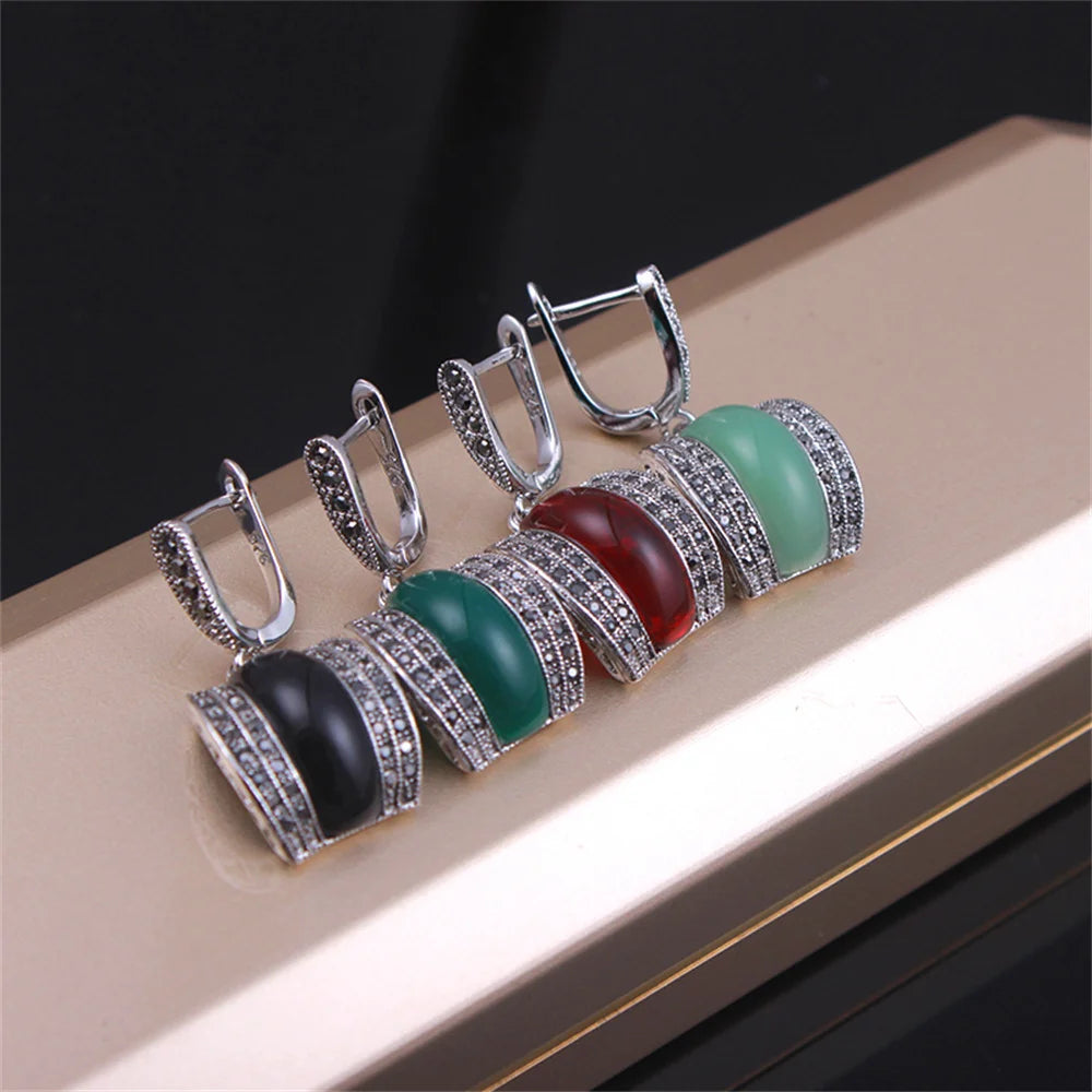 Luxury Geometric Red Black Green Stone Earrings For Women Antique Silver Color Black Rhinestone Drop Earrings Original