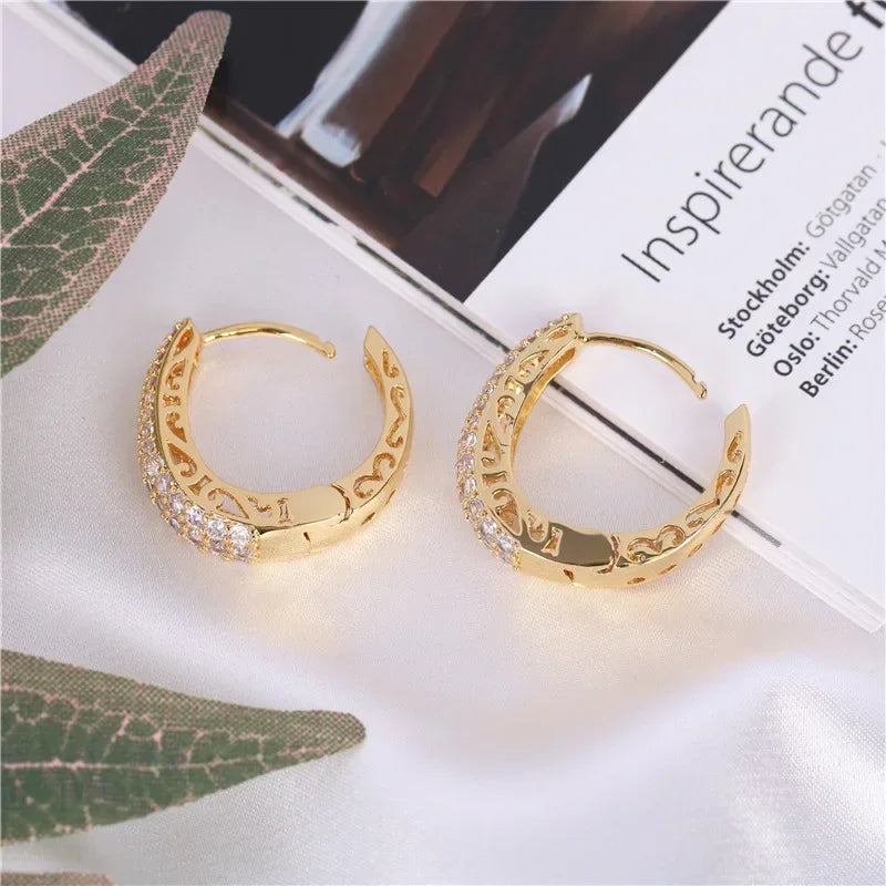 Full Sparkling Zircon Inlaid Golden Hoop Earrings Retro Elegant Style 18K Gold Plated Jewelry Female Gift