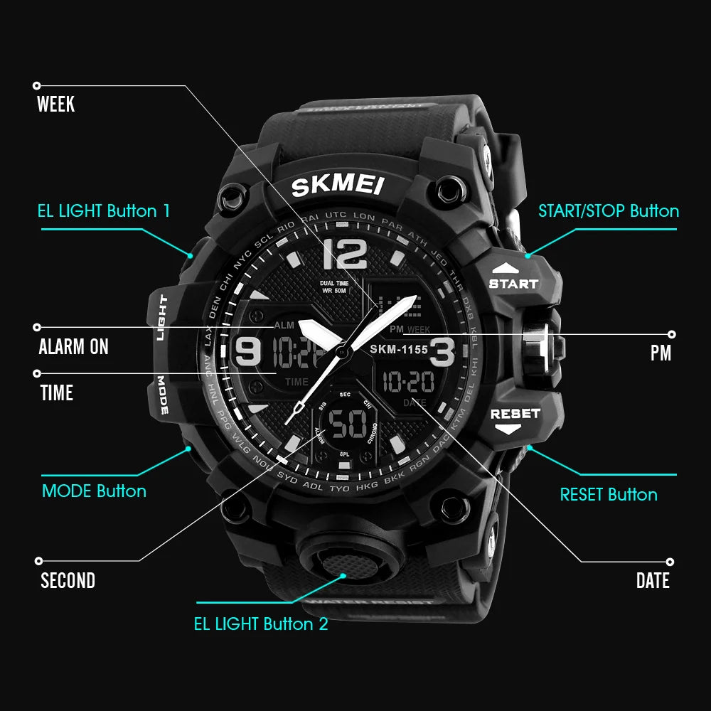 SKMEI 1155B  5Bar Waterproof Dual Display Wristwatches Relogio Masculino watch Sport Men Military Digital Watches Sport Watch