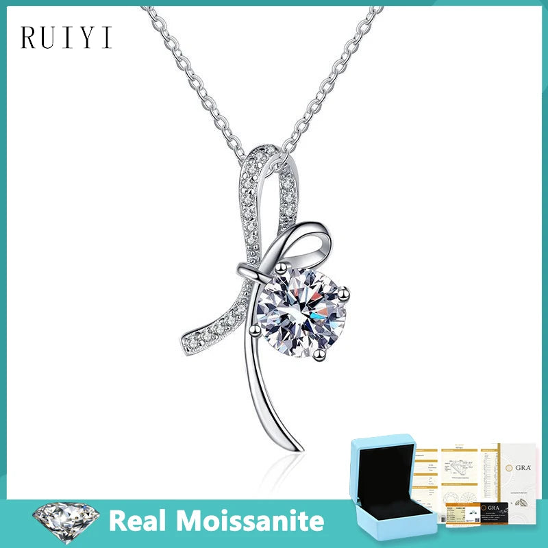 1ct Real Moissanite Diamond Bowknot Pendants Necklaces for Women Sweet Romantic S925 Sterling Silver Clavicle Chain Grils Gifts