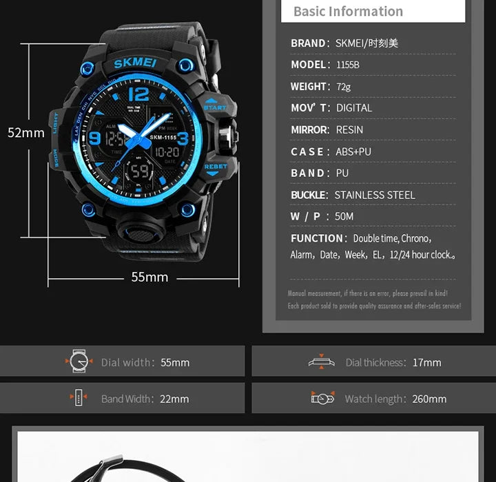 SKMEI 1155B  5Bar Waterproof Dual Display Wristwatches Relogio Masculino watch Sport Men Military Digital Watches Sport Watch