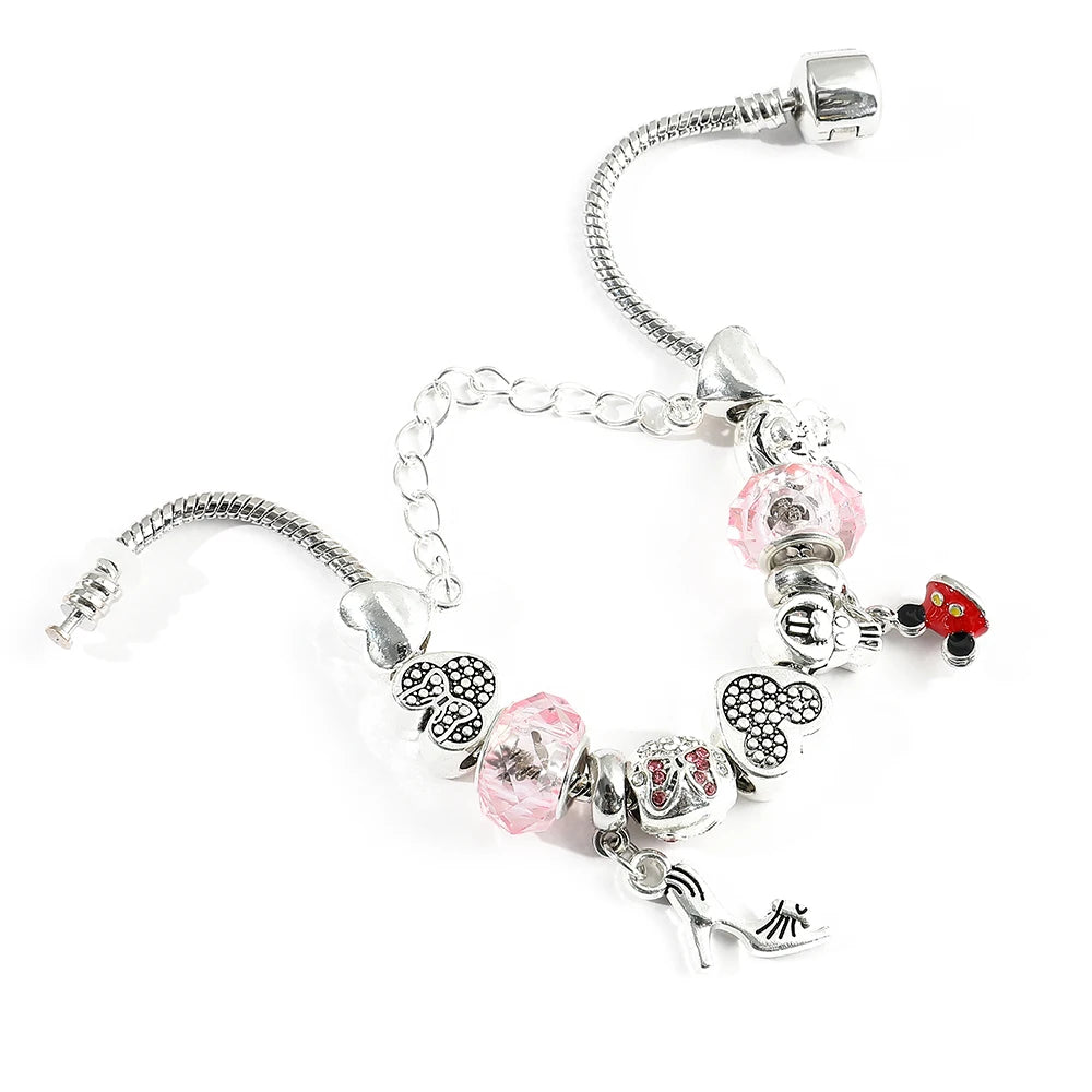 Disney Cute Pink Crystal Mickey Minnie Charm Bracelet Silver Color Heart Bead Bracelets for Women Girl Fashion Jewelry Gift