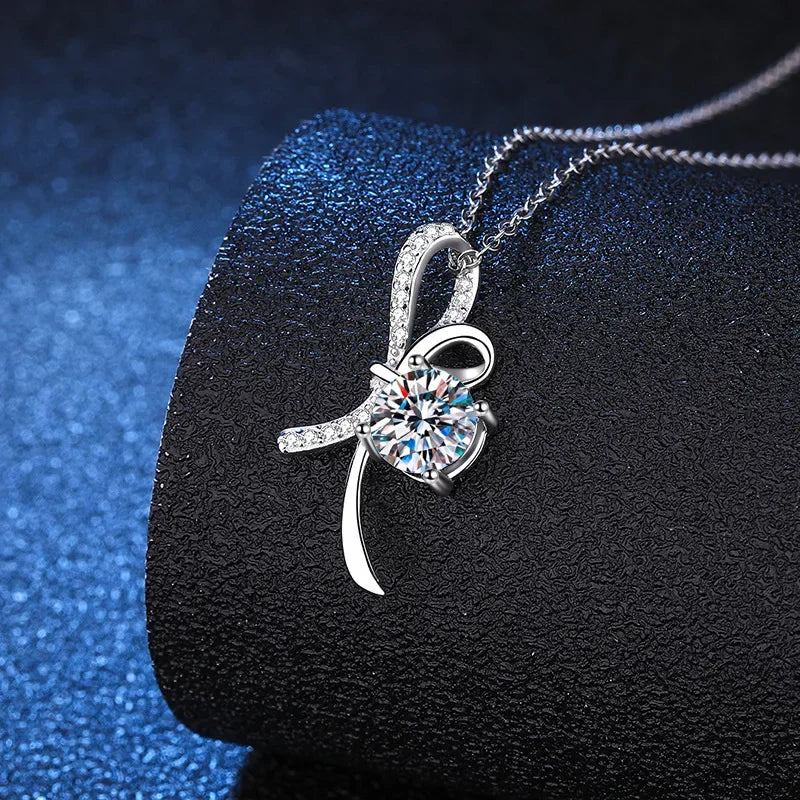 1ct Real Moissanite Diamond Bowknot Pendants Necklaces for Women Sweet Romantic S925 Sterling Silver Clavicle Chain Grils Gifts