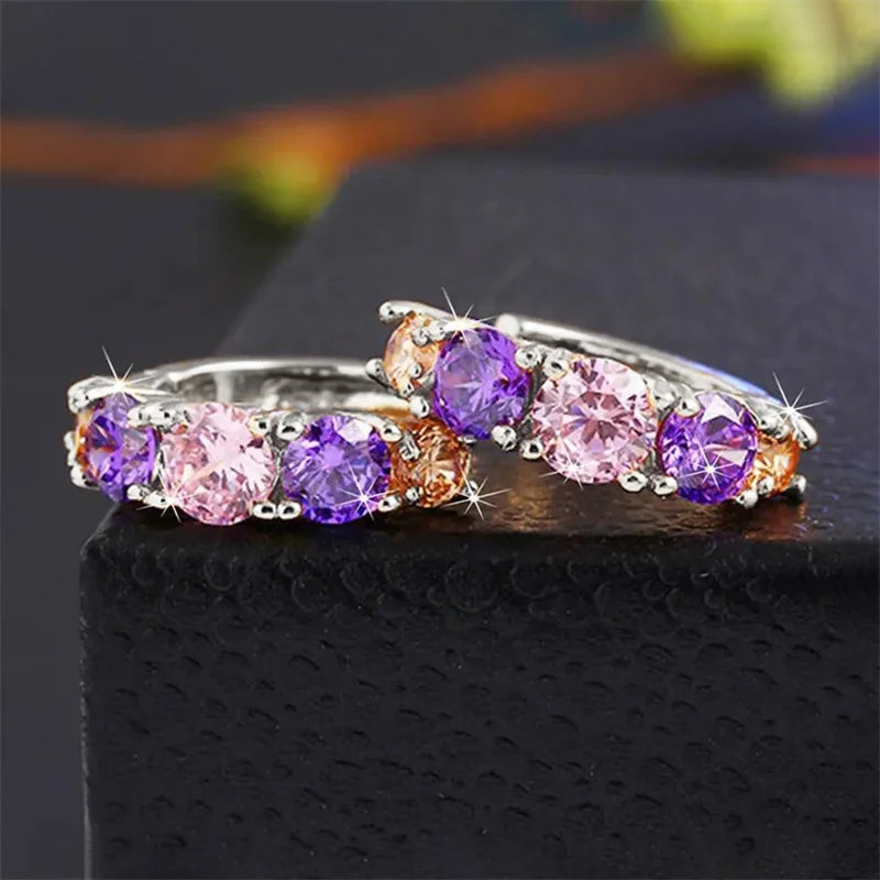 Huitan Unique Purple Cubic Zircon Hoop Earrings for Women Luxury Charming Wedding Party Accessories Silver Color Fashion Jewelry