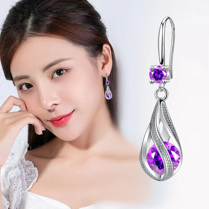 Fine 925 Sterling Silver Shining Purple Crystal Earrings for Women Luxury Fashion Jewelry Party Wedding Christmas Gifts