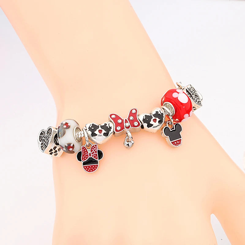 New In Cartoon Mickey Minnie Pendant Charm Bracelet Heart Bowknot Beaded Bracelets & Bangles