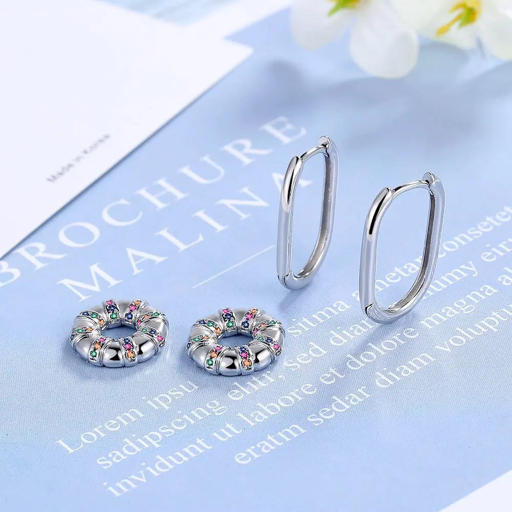 Fashionable 925 Sterling Silver Earrings Colorful Zirconia Round Wheel Earrings Simple Smooth Earrings for Women