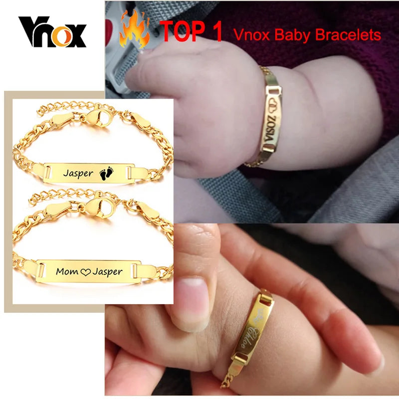 Vnox Personalize Custom Baby Girls Name Bracelet Gold Color Solid Stainless Steel Adjustable Boys Bracelet Gift to New Mom