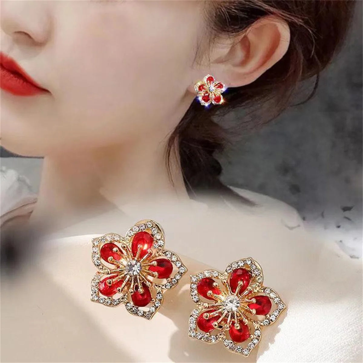 Korean Light Luxury Crystal Flower Earrings for Women Pink Sweet Cherry Blossom Zircon Earrings Girls Party Jewelry Bijoux Gifts