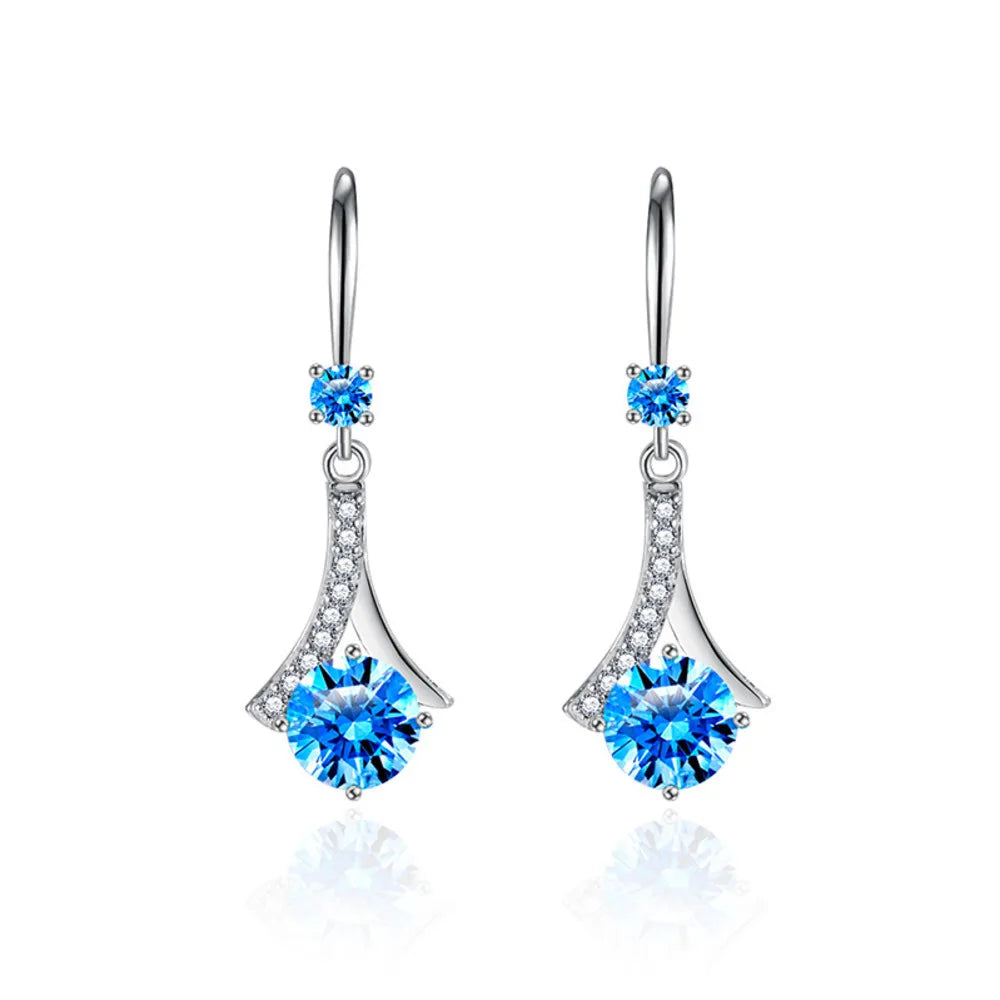 WOSIKATE Korean Blue Crystal Drop Earrings For Women 925 Sterling Silver Fashion Jewellery Elegant Long Ear Hooks Accessories