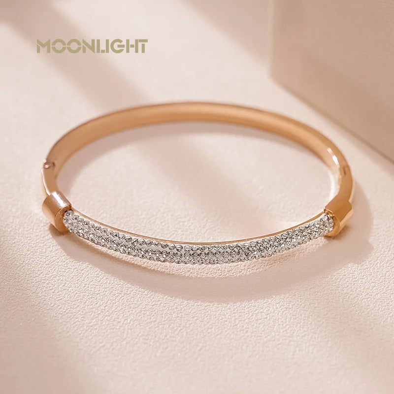 MOONLIGHT Fashion Cubic Zirconia Cuff Bangles for Women Trendy Titanium Steel Circular Classic Bracelet Female Jewelry Gift