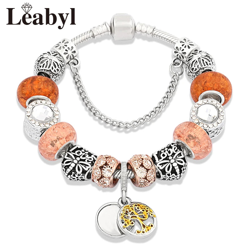 Dropshipping Silver Color Tree of Life Fashion Bead Bracelets Green Leaf Floral Crystal Charm Bracelet & Bangle Pulsera Jewelry