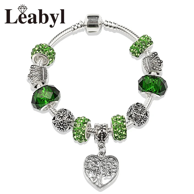 Dropshipping Silver Color Tree of Life Fashion Bead Bracelets Green Leaf Floral Crystal Charm Bracelet & Bangle Pulsera Jewelry