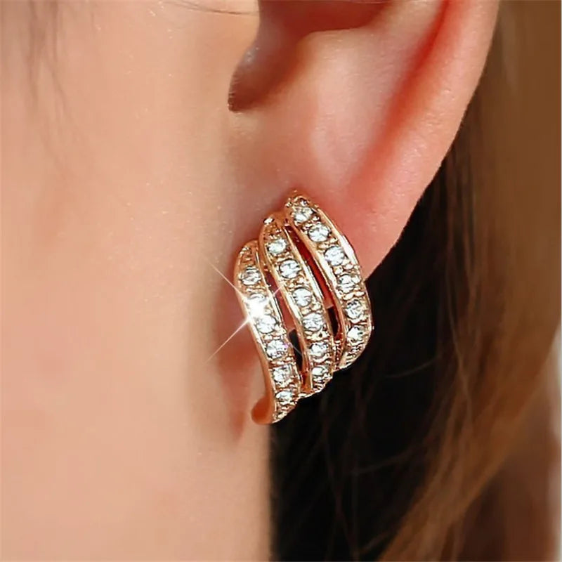 Full Crystal Three Rows S-shaped Stud Earrings for Women Personality Unique Angel Wing Leaf Feather Ear Wedding Jewelry