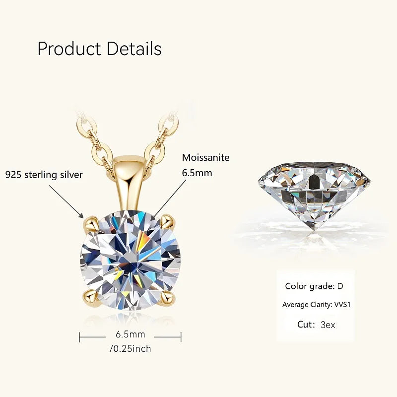 6.5mm 1.0 carat D Moissanite Solitaire Drop Necklaces 18k Gold Plated Pendant Original Real 925 Silver Chain Jewelry for Women